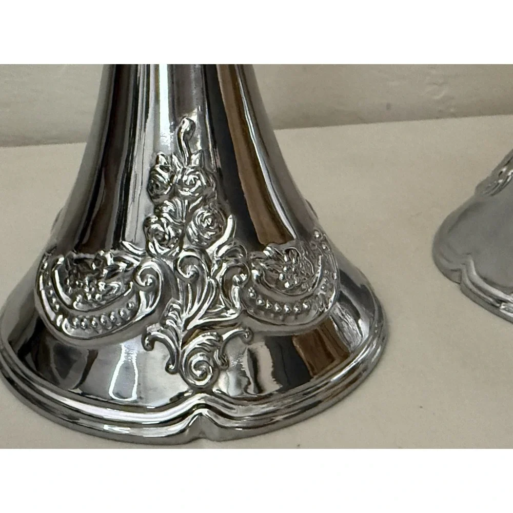 Vintage Baroque Style Cast Aluminum‎ Pillar Taper Embossed Candlesticks Pair